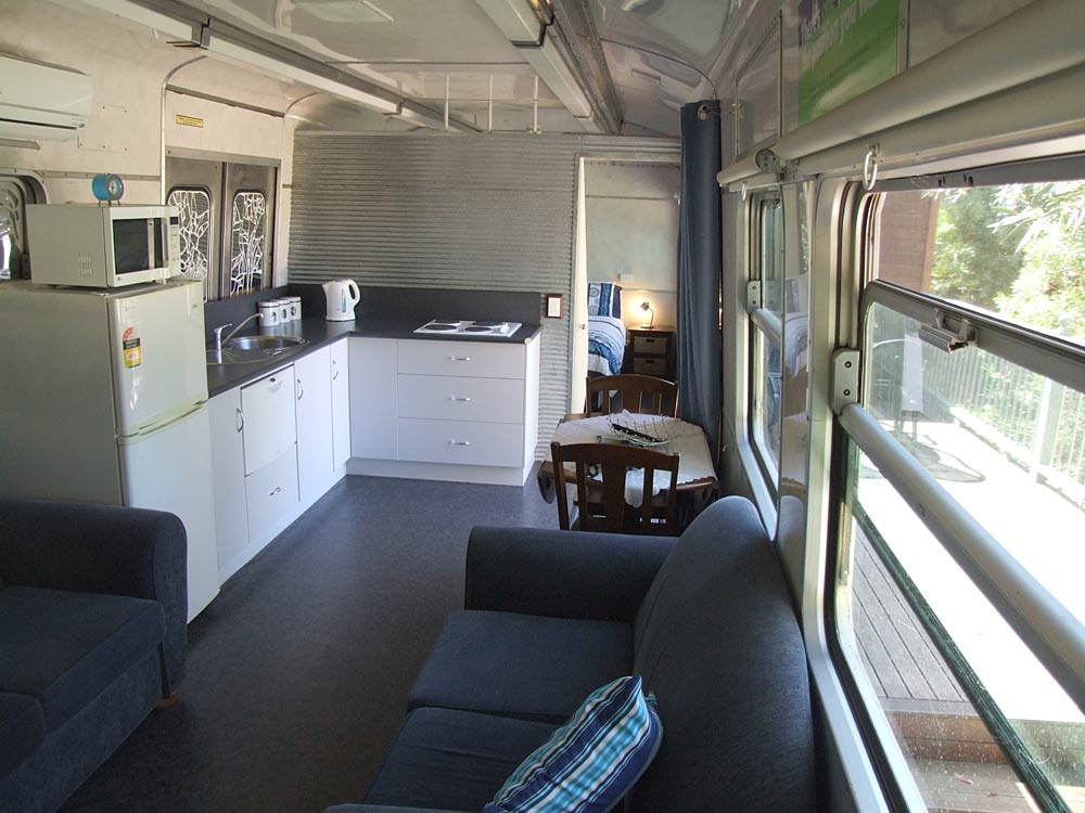 Pelican Waters train carriage open plan kitchen and living areas