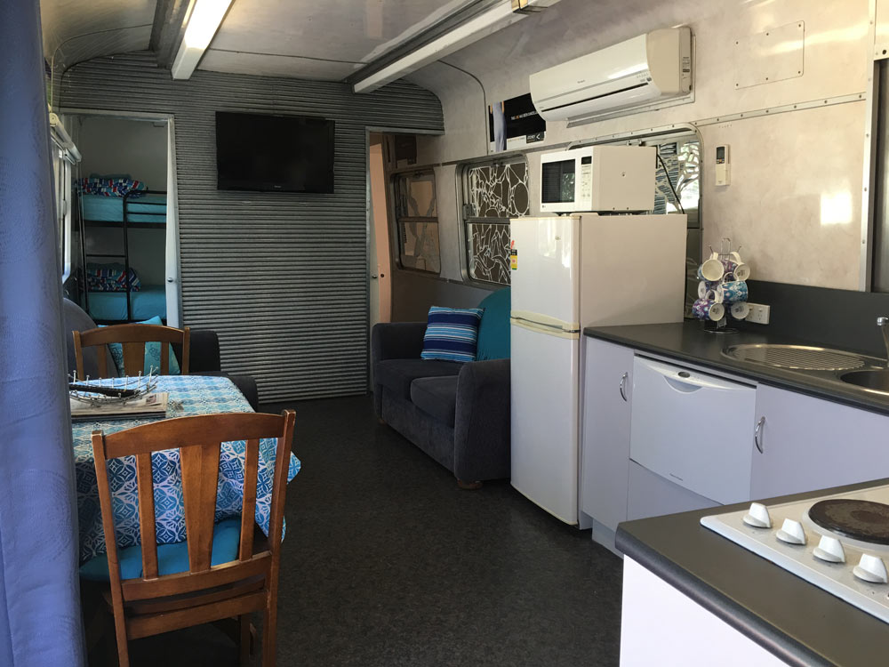 Train Carriage open plan kitchen and living area